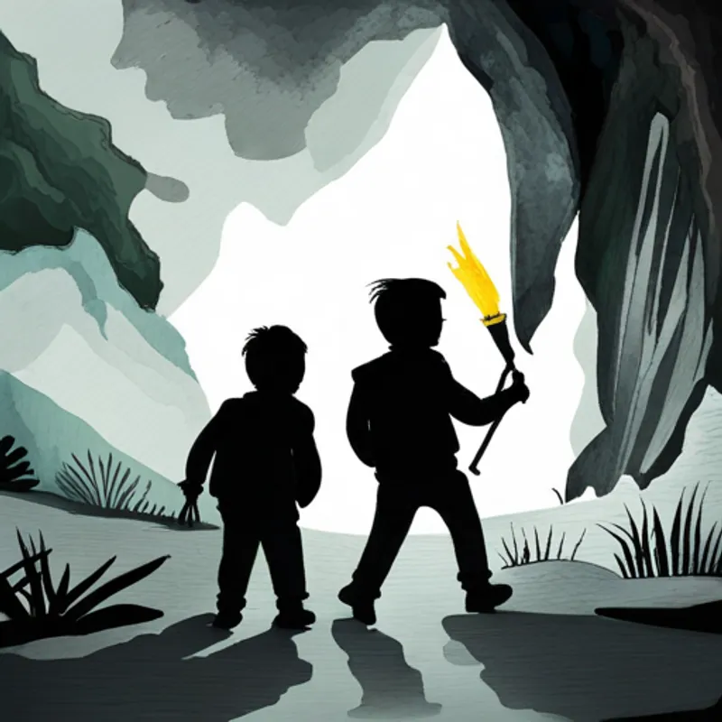 Two brothers explore a dark cave with a flashlight