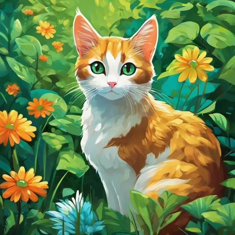 A Gata Gata branca com olhos azuis é uma gatinha branca com olhos azuis e o Gato Gato preto com olhos verdes é um gato preto com olhos verdes. Eles estão brincando em um lindo jardim cheio de flores coloridas.