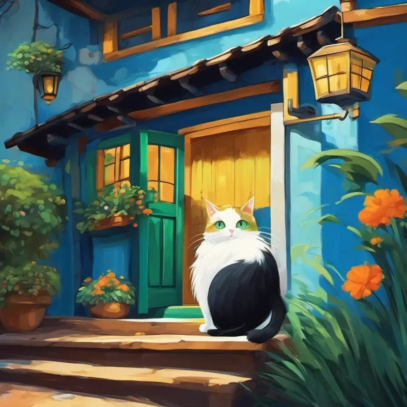 A casa do Gato Gato preto com olhos verdes é uma casinha azul com uma porta amarela. Gata branca com olhos azuis está segurando a bola vermelha nas patinhas.
