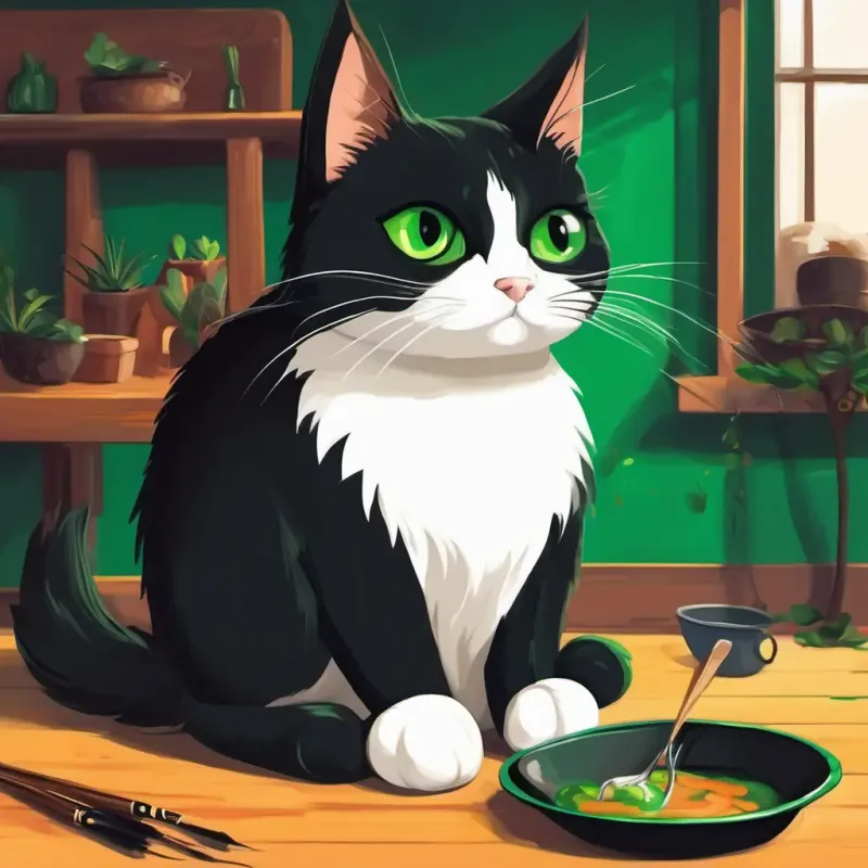 Gato preto com olhos verdes é um gato preto com olhos verdes. Ele está sentado em uma cadeira chorando, enquanto Gata branca com olhos azuis está ao lado dele segurando a bola vermelha.