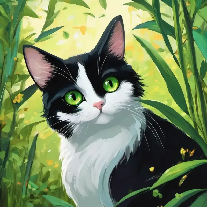Gata branca com olhos azuis está sorrindo e dando a bola vermelha para Gato preto com olhos verdes. Eles estão prontos para começar a procurar o ratinho de pelúcia perdido.