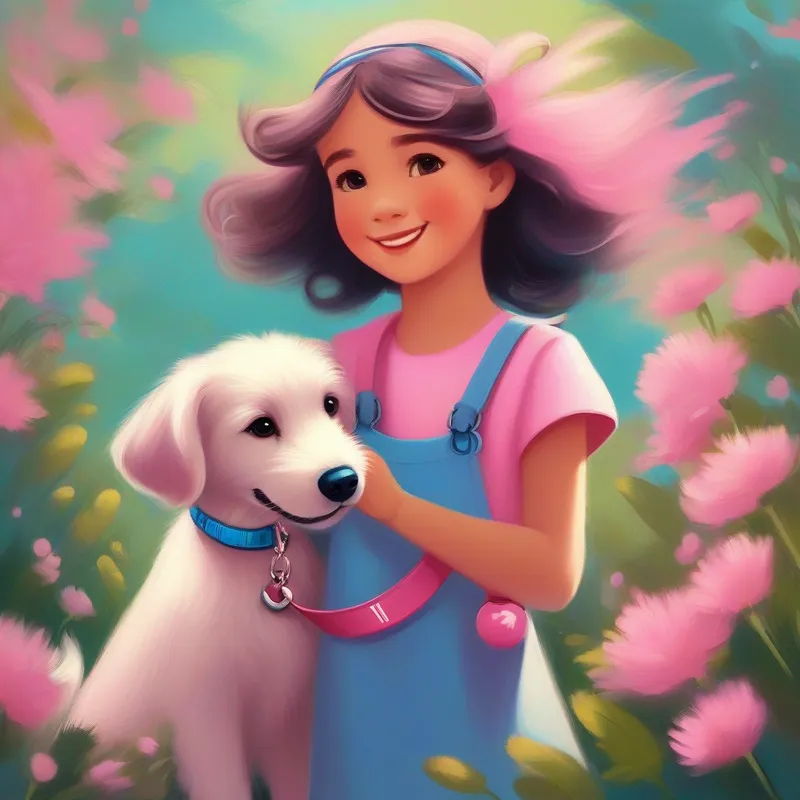 Cagnolino Cagnolino rosa con una collana azzurra si avvicina a Bambino con i capelli neri e un sorriso gentile in cerca di coccole.