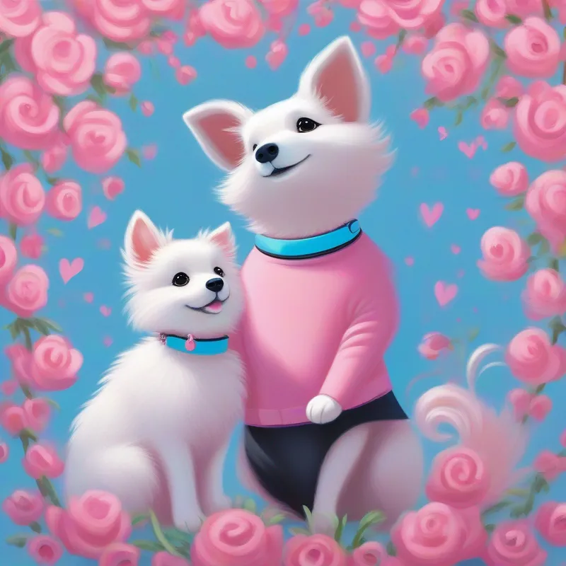 Cagnolino rosa con una collana azzurra guarda Bambino con i capelli neri e un sorriso gentile che gioca e si chiede come ottenere coccole.