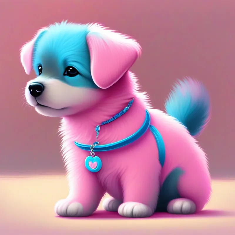 Cagnolino rosa con una collana azzurra fa le fusa ancora più forte per mostrare a Bambino con i capelli neri e un sorriso gentile quanto sia triste.