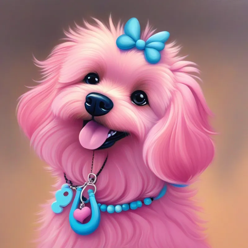 Cagnolino rosa con una collana azzurra saltella e lecca Bambino con i capelli neri e un sorriso gentile per ringraziarlo delle coccole.