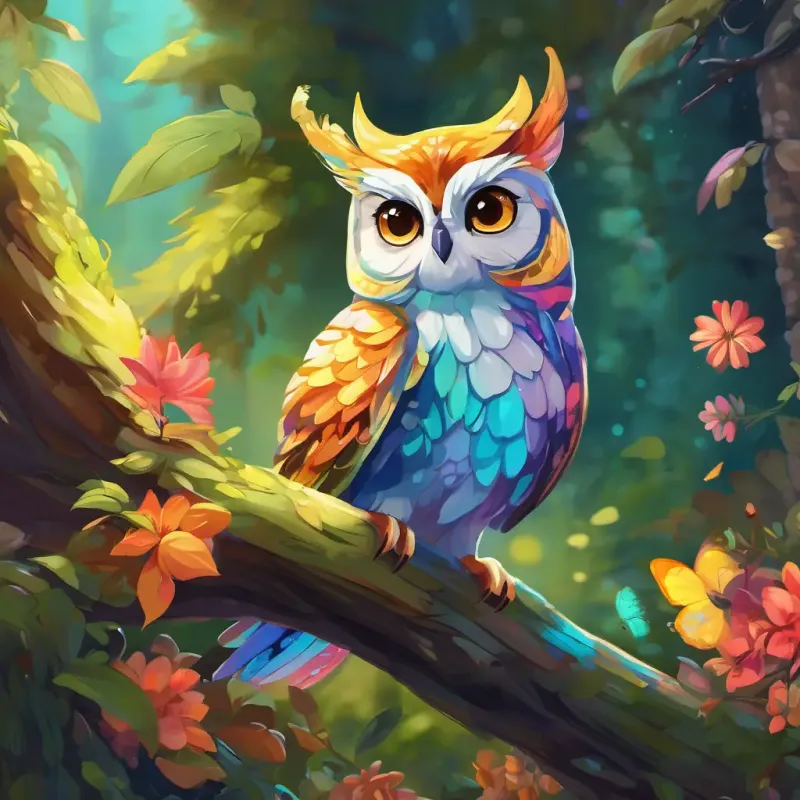 In a cozy tree hollow, A small owl with bright golden eyes and soft, spotted feathers the owl is perched on a branch, with A nimble squirrel with a bushy tail and a mischievous grin the squirrel and A graceful butterfly with wings that shimmer in every color of the rainbow the butterfly nearby. The forest is full of vibrant flowers and sparkling streams.