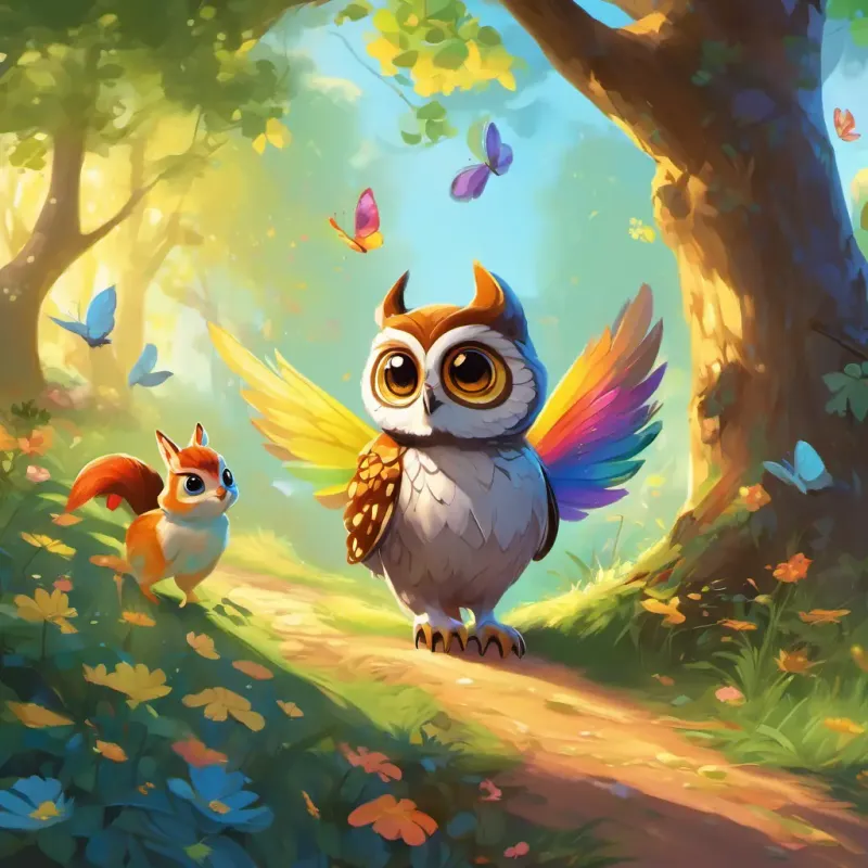 A small owl with bright golden eyes and soft, spotted feathers sets off, with A nimble squirrel with a bushy tail and a mischievous grin riding on her back and A graceful butterfly with wings that shimmer in every color of the rainbow fluttering beside her. They pass through a sun-dappled grove, where birds are chirping and rabbits are hopping about.