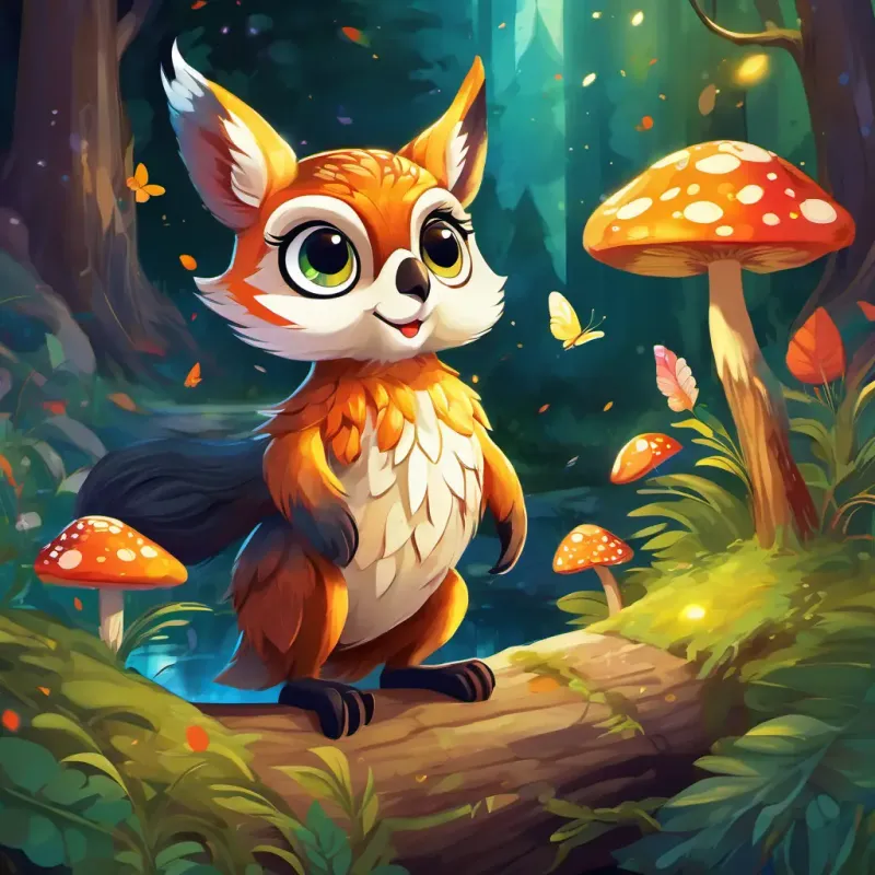 A small owl with bright golden eyes and soft, spotted feathers, A nimble squirrel with a bushy tail and a mischievous grin, and A graceful butterfly with wings that shimmer in every color of the rainbow are seen teaming up to jump over the brook, with a mischievous fox watching from behind a bush. The forest background is filled with colorful mushrooms and twinkling fireflies.