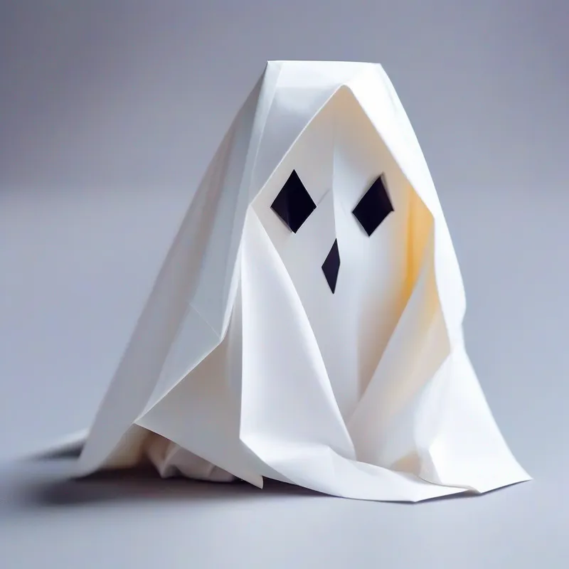A ghost with a white sheet and mischievous eyes. got shy, afraid of the kid's questions.