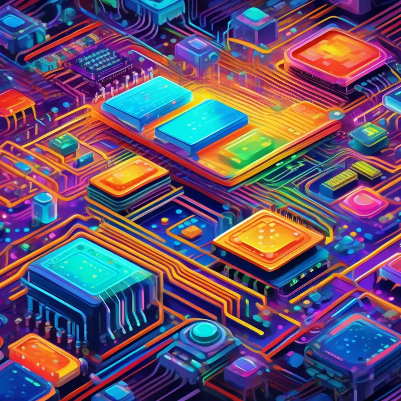 Bright and colorful computer chips surrounded by buzzing circuits.