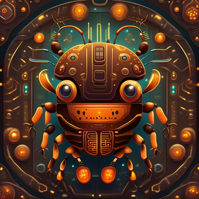 A cute and adventurous beetle, brown with orange spots and a friendly smile. staring at the glowing microchip in awe, surrounded by intricate circuitry.