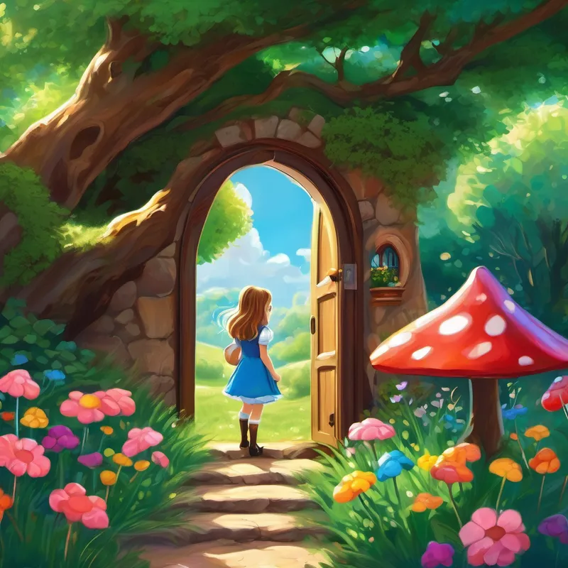 Once upon a time, in a land far, far away, there lived a young girl named Alice. Alice was a curious and adventurous girl who loved exploring new places. One sunny afternoon, she discovered a magical door hidden behind a bunch of bushes in her backyard. Curiosity got the better of Alice, and she couldn't resist opening it. To her amazement, the door didn't lead to her neighbors' garden but to a land made entirely out of candy! The ground sparkled with sugar, and there were rivers of chocolate flowing through the colorful candy trees. Alice was overjoyed to find herself in the magical Candyland.