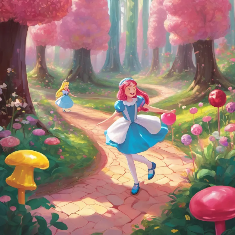 Alice was determined to help. She followed Mr. Lollipop's guidance and ventured through the Licorice Forest, where she met the Gummy Bears, who were trying their best to remain cheerful despite their sourness. Alice shared her best stories with them, making them giggle and filling their hearts with happiness. Next, Alice and Mr. Lollipop traveled to the Peppermint Palace, where they met Princess Bubblegum, who had lost her sweetness. Alice knew just what to do; she organized a grand dance party and had the princess twirling around the ballroom. Through laughter and merriment, the princess regained her sweet flavor, and her palace started to sparkle again.