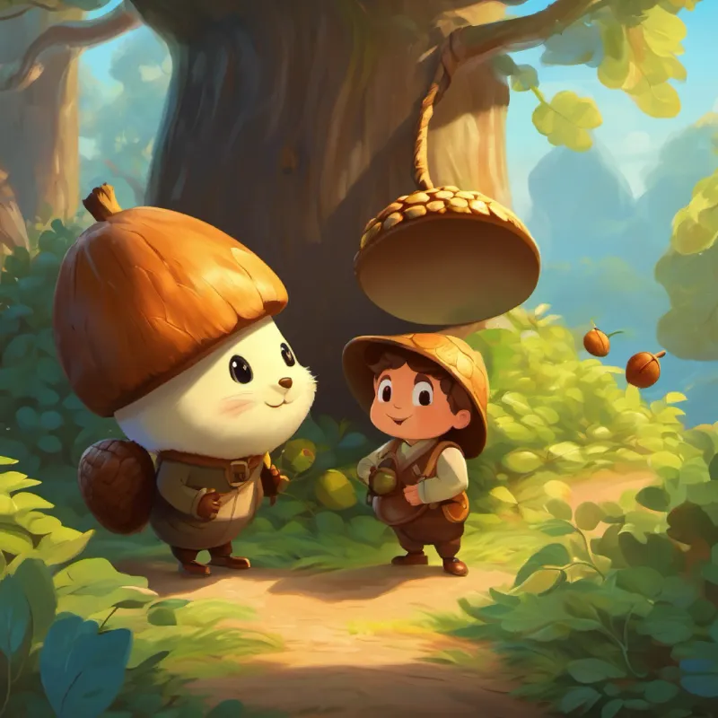 Return home with the found acorn, cherishing their friendship.