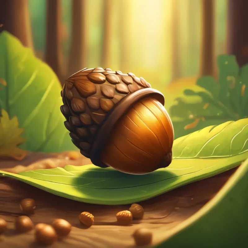The precious acorn is found under a leaf.
