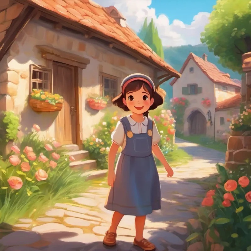 Introduction to the story and the main character, A cheerful girl with big brown eyes and rosy cheeks. Setting in a small village.