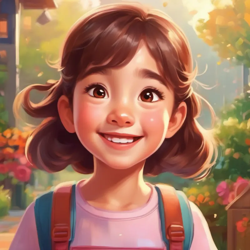 A cheerful girl with big brown eyes and rosy cheeks's excitement and anticipation for her first day at kindergarten.