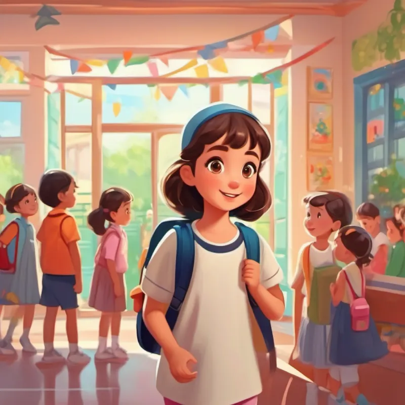 A cheerful girl with big brown eyes and rosy cheeks getting ready for her first day and arriving at the kindergarten, observing other children.