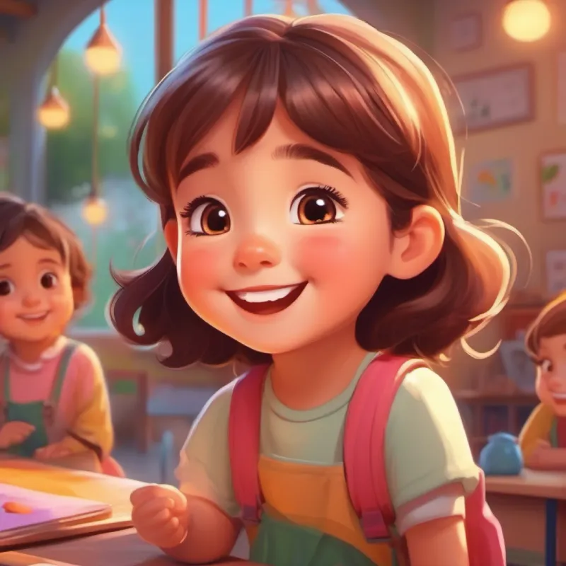 A cheerful girl with big brown eyes and rosy cheeks's joyful experiences at the kindergarten, discovering new activities and friendships.