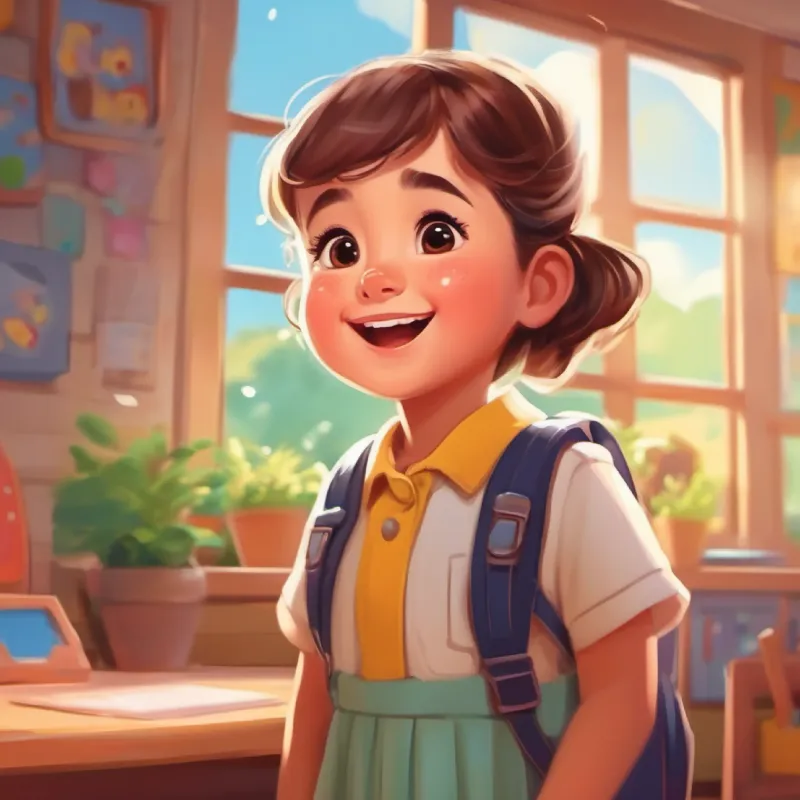 A cheerful girl with big brown eyes and rosy cheeks's excitement after a fun day at kindergarten, looking forward to returning.