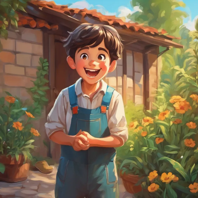Kind boy with a big smile and helpful hands looking surprised in his backyard