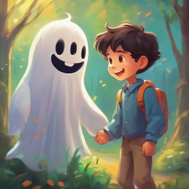 Kind boy with a big smile and helpful hands with a ghost friend, holding hands