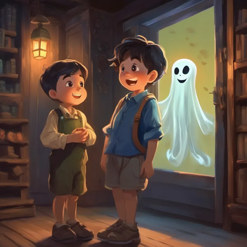 Kind boy with a big smile and helpful hands listening attentively to the ghost's explanation