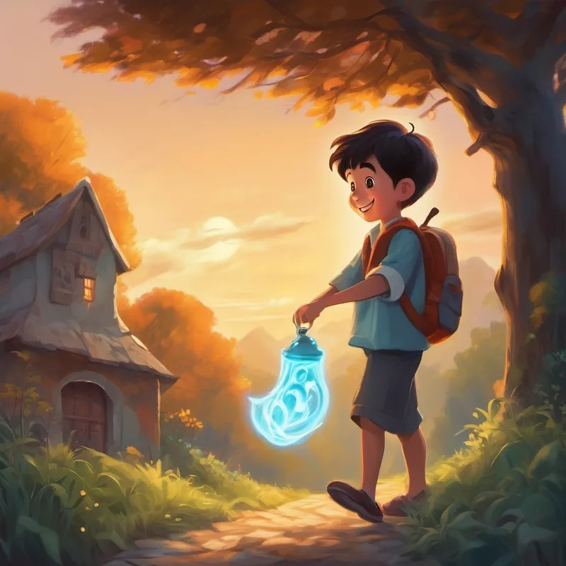 Kind boy with a big smile and helpful hands and the ghost searching for a necklace