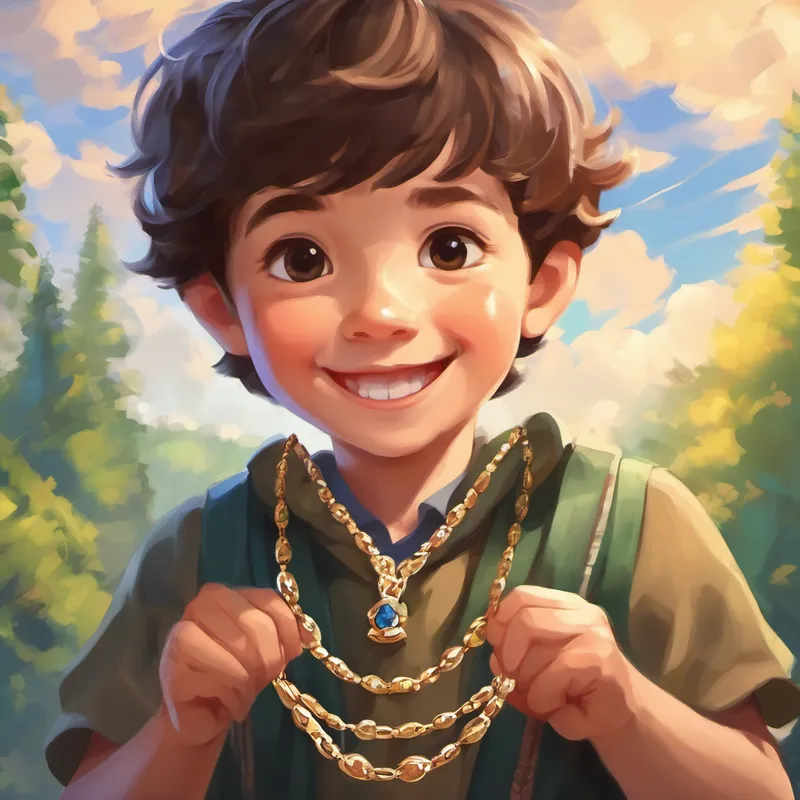 Kind boy with a big smile and helpful hands with a proud look holding the necklace