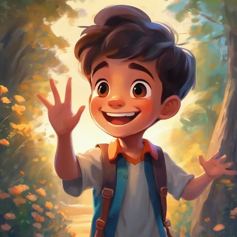 Kind boy with a big smile and helpful hands and the ghost waving goodbye with smiles
