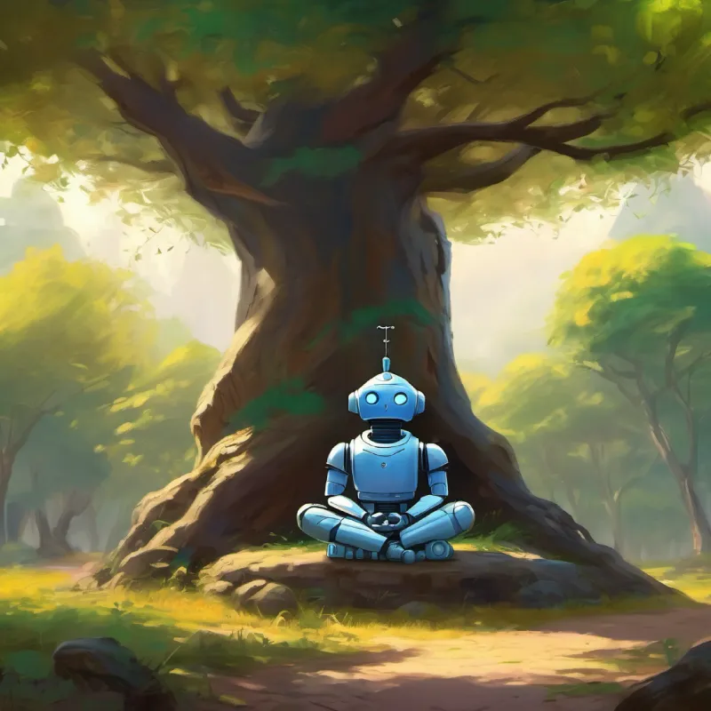 Zenbot meditating, imagining freedom, under a tree.