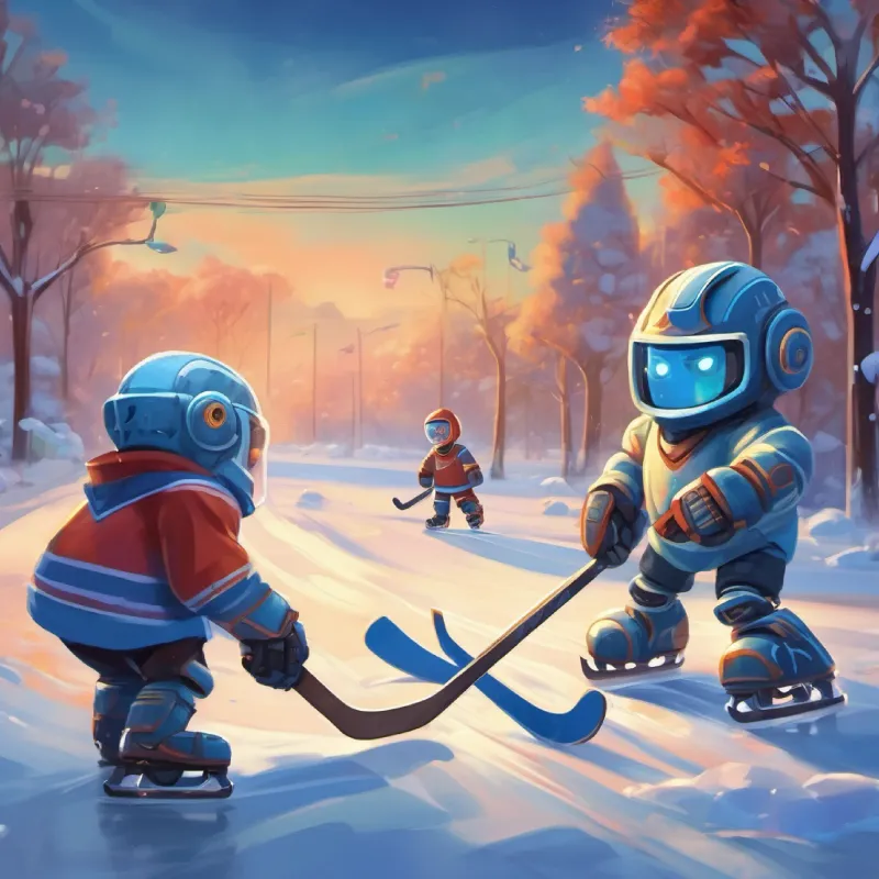 Zenbot and friend play ice hockey, teach local children.