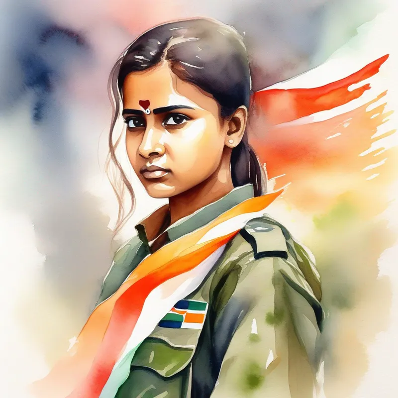 Brave girl with determination, dressed in army officer attire. standing strong with the Indian flag, colors of courage.