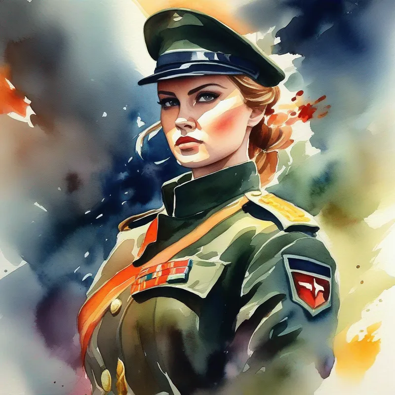 Brave girl with determination, dressed in army officer attire. in action, fighting against Sinister-looking mastermind in dark clothes, representing evil.'s evil plans, fiery colors of determination.