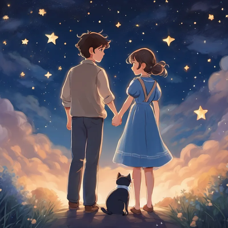 Warm and caring with brown eyes and a loving smile and Strong and supportive with kind blue eyes and a gentle voice holding hands, looking at the night sky filled with stars