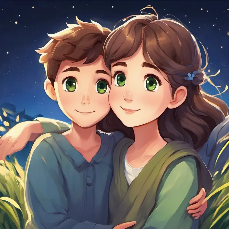 Warm and caring with brown eyes and a loving smile and Strong and supportive with kind blue eyes and a gentle voice gazing at the night sky, with little Bright and compassionate with curious green eyes and a determined expression cradled in their arms