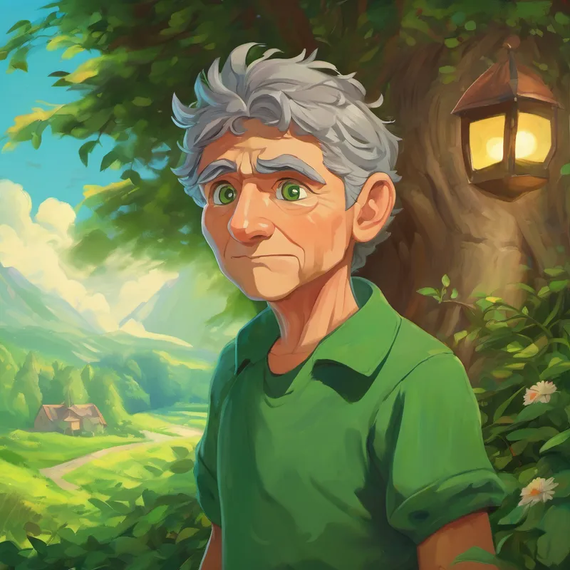 An older Bright and compassionate with curious green eyes and a determined expression with his own family, his face filled with determination and hope