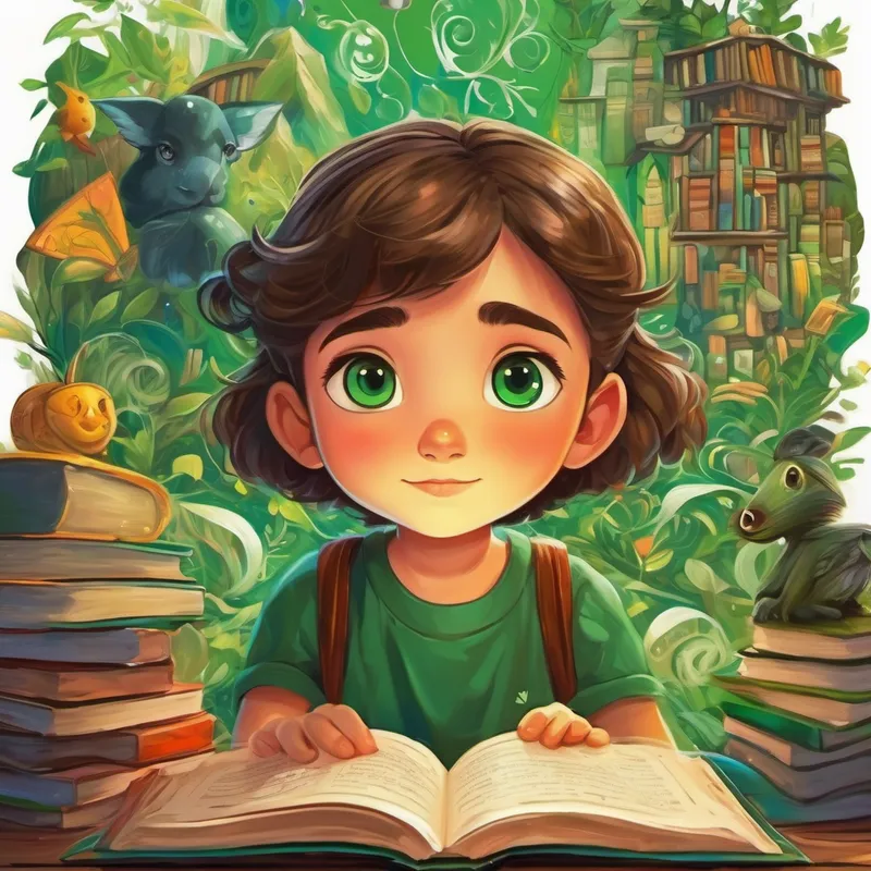 Bright and compassionate with curious green eyes and a determined expression reading books, surrounded by symbols of knowledge and compassion