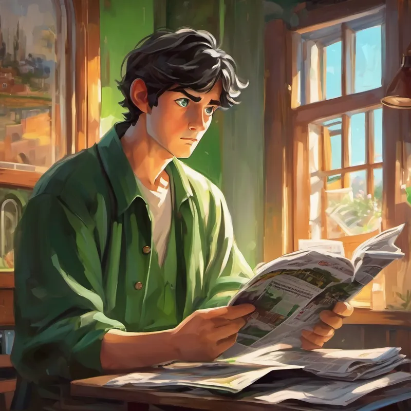 Bright and compassionate with curious green eyes and a determined expression reading newspapers with a saddened expression, holding his heart