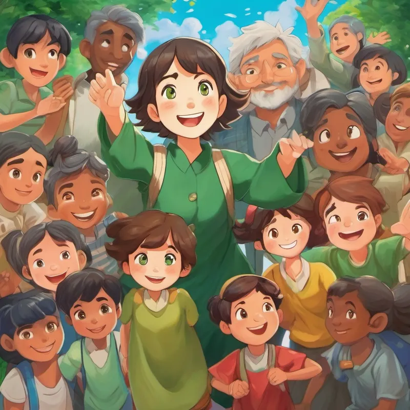 Bright and compassionate with curious green eyes and a determined expression reaching out with open arms, surrounded by diverse people with smiles on their faces