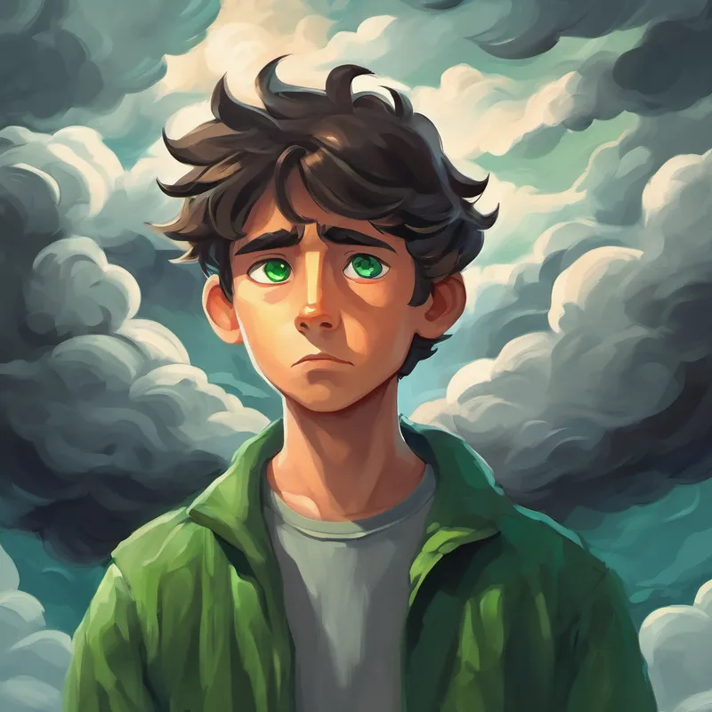 Bright and compassionate with curious green eyes and a determined expression holding his head, surrounded by dark clouds representing doubt and adversity