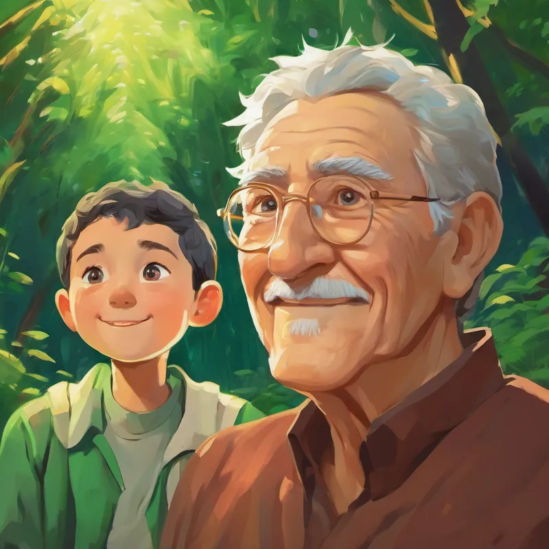 Bright and compassionate with curious green eyes and a determined expression standing next to an elder mentor, with a smile on his face and a spark of inspiration in his eyes