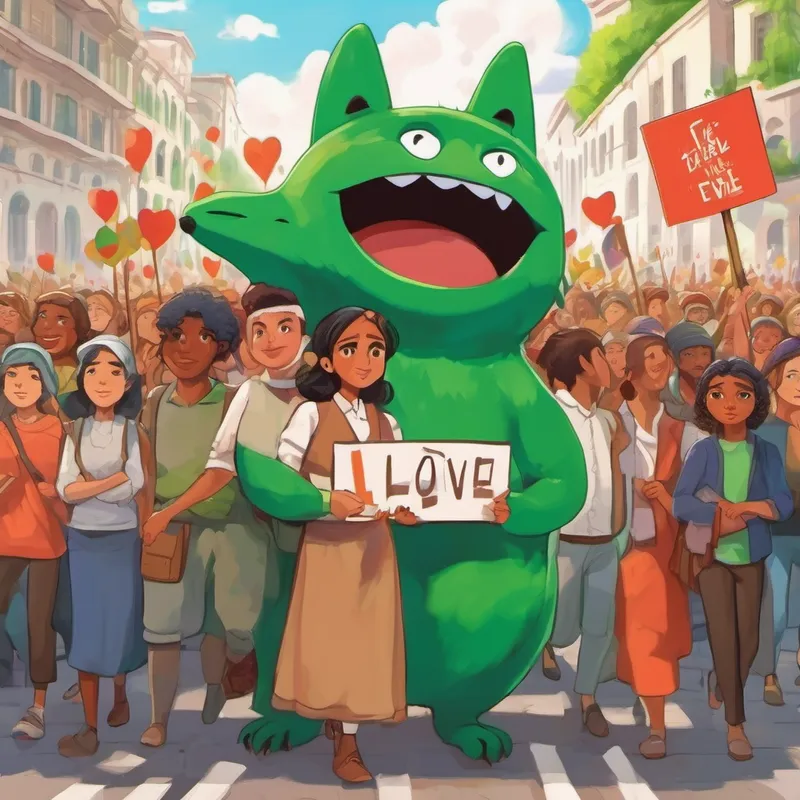 Bright and compassionate with curious green eyes and a determined expression leading a diverse crowd in a peaceful protest, holding up signs of love and equality