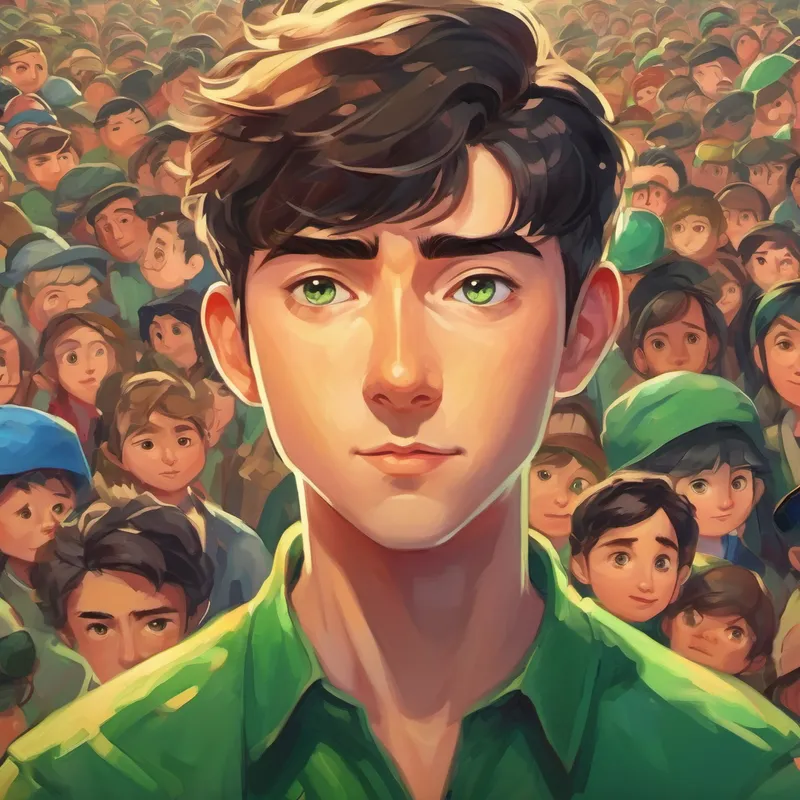 Bright and compassionate with curious green eyes and a determined expression standing on a stage, surrounded by a sea of diverse faces with hopeful expressions