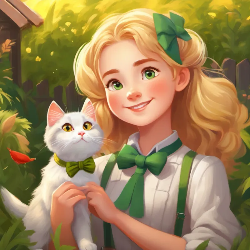 Introduction to Golden-haired girl, loves adventures, always smiling, Red chicken with a bow tie, curious, loves to sing, and Gray fluffy cat, bright green eyes, playful at the farm.