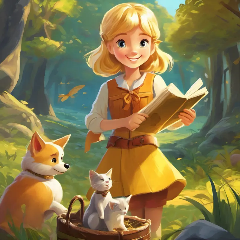 Golden-haired girl, loves adventures, always smiling finds a treasure map and decides to look for treasure with her pets.