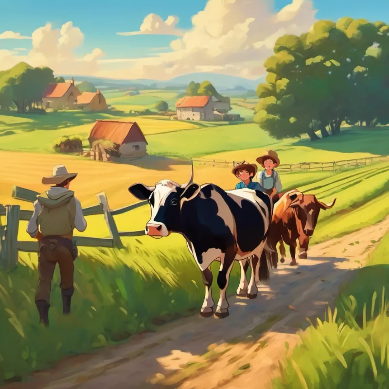The trio begins their adventure across the farm, passing fields and cows.