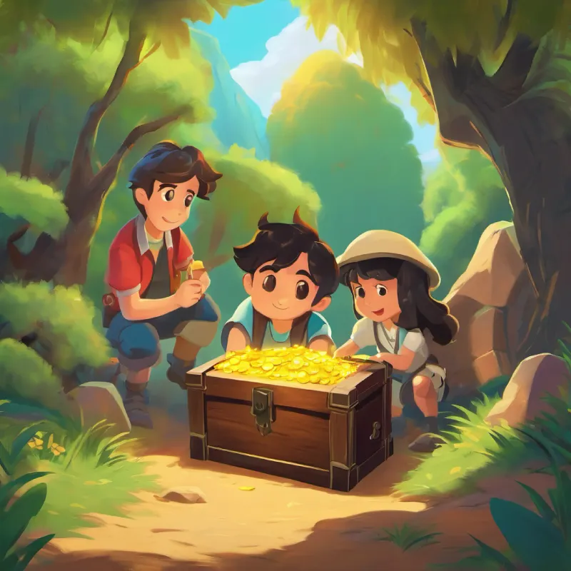 The friends find the treasure spot and dig up a chest.
