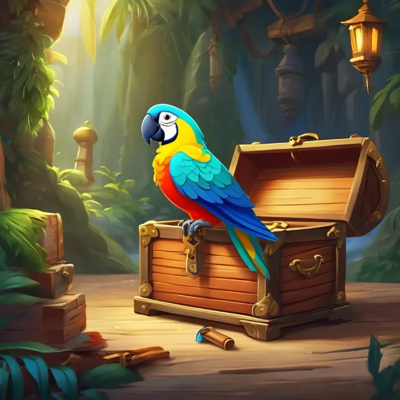 A parrot surprises them but drops a key to unlock the treasure chest.