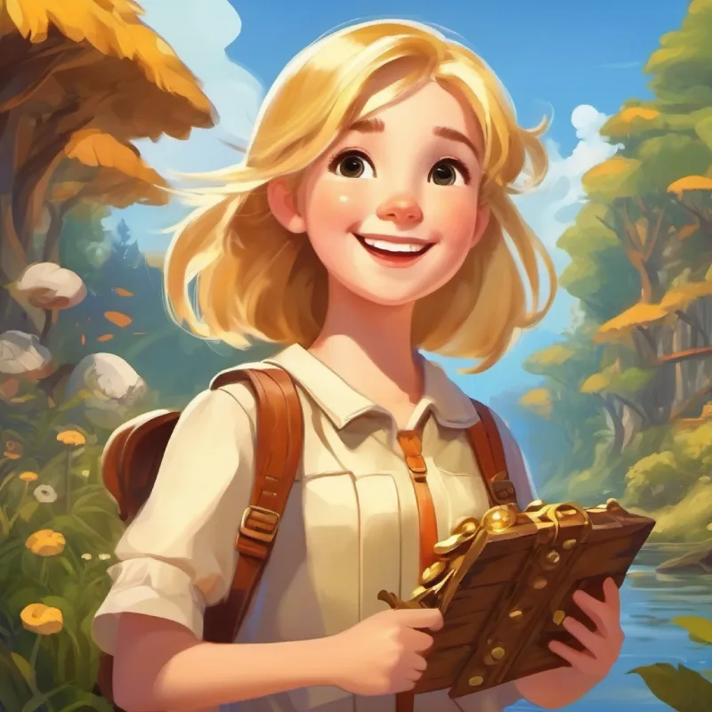Golden-haired girl, loves adventures, always smiling and her friends discover treasures useful for future adventures.